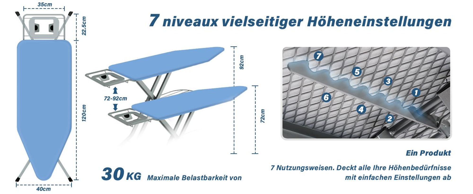 STANEW XXL Bügelbrett 120 x 45 cm – Klappbarer & höhenverstellbarer Bügeltisch mit Sicherheitsschließsystem, Eisenablage und rutschfesten Füßen