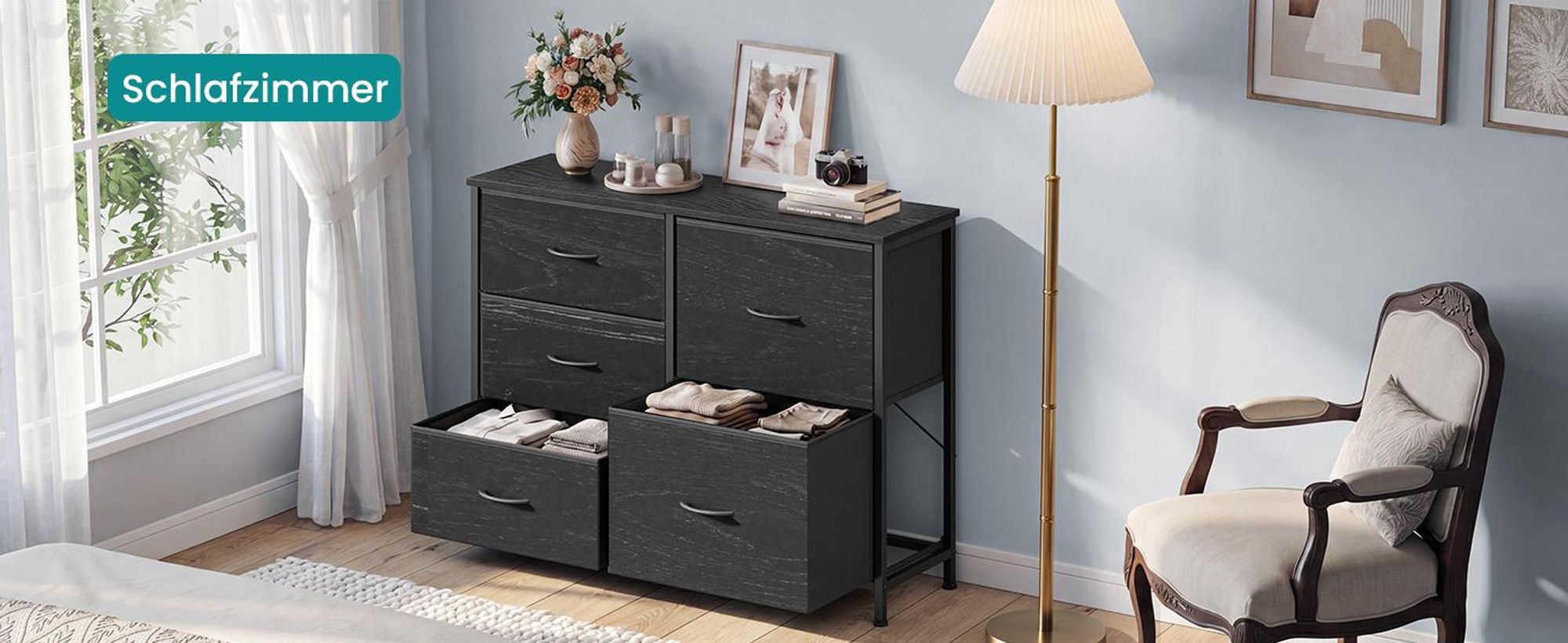 SONGMICS Kommode mit 5 Schubladen, Schubladenschrank mit Metallgestell, 98,7 x 30 x 74,7 cm, Schwarz