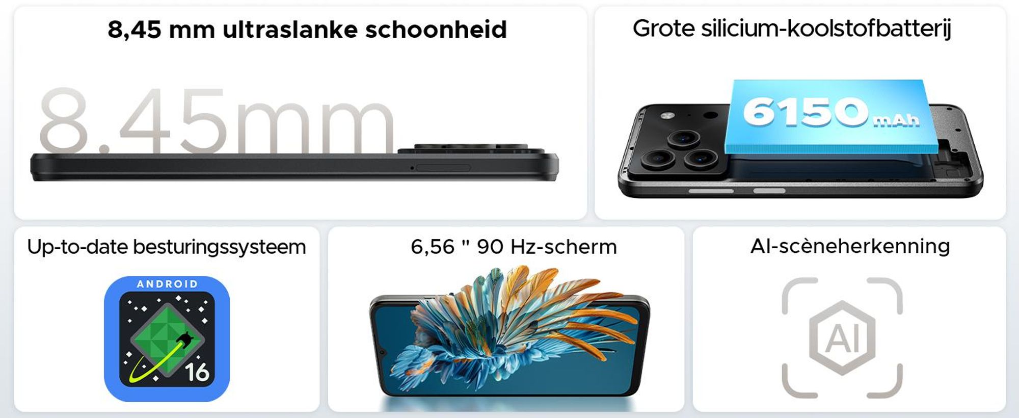 DOOGEE Note 56 Smartphone, Android 16, 6,56" 90Hz HD+, 6150mAh batterij, 24GB RAM + 64GB opslag, 4G Dual-SIM, 8MP camera, gezichtsherkenning, OTG, zonder abonnement