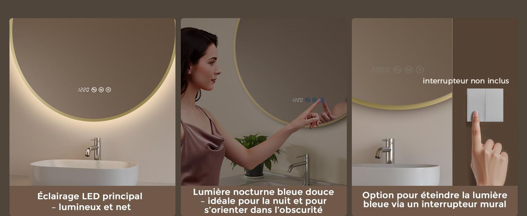 S'AFIELINA Miroir Salle de Bain LED Rond 70 cm avec Éclairage, cadre doré, 3 températures de couleur, variateur, antibuée, horloge & température