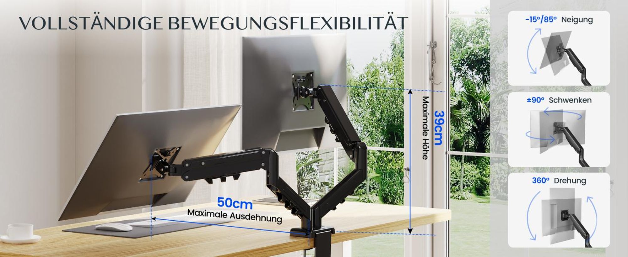 FLEXISPOT MA1 Dual Monitorhalterung 17–32 Zoll, Gasdruckfeder Monitorarm für 2 Monitore, unabhängig höhenverstellbar, VESA 75x75/100x100