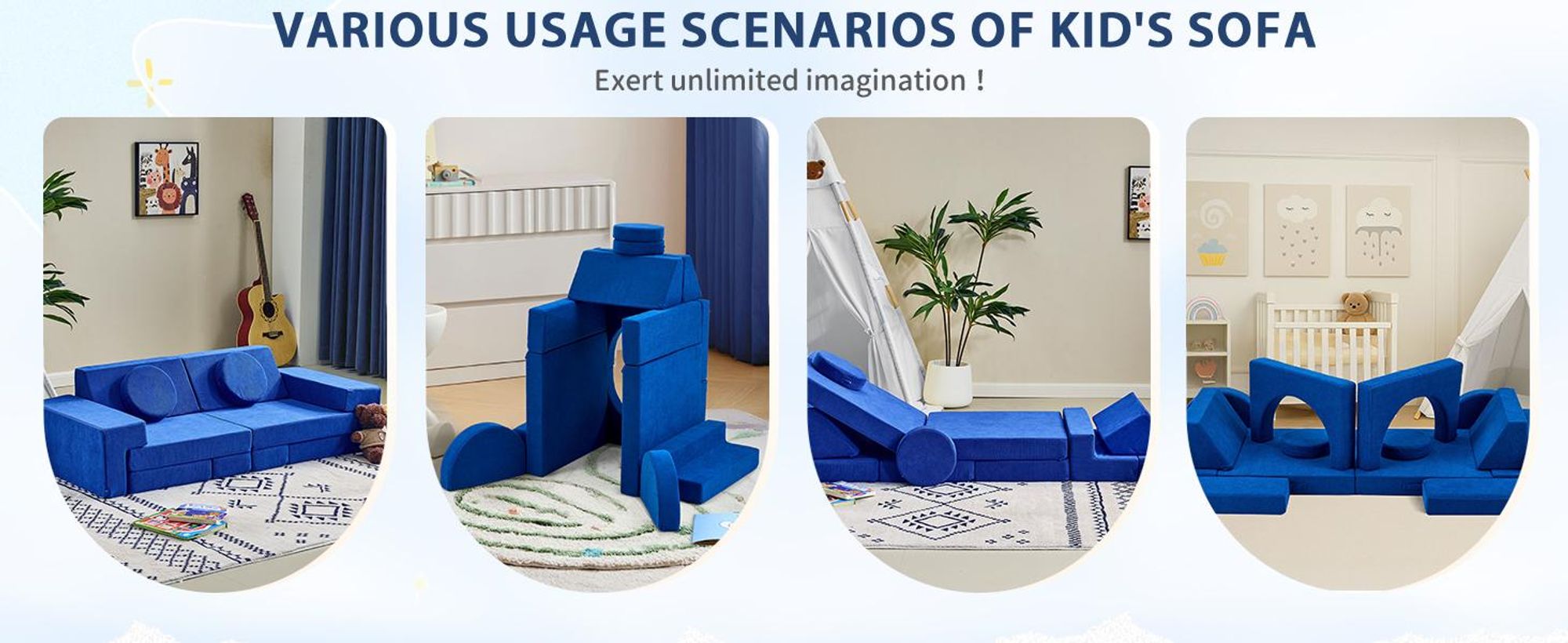 FCH Kindersofa, Multifunktionaler Spieltisch, Puzzle Sofa, 12 in 1, Spielsofa, Kindersessel, für Kinder Spielzimmer, frei baubares, DIY, Kordsamt,Blau