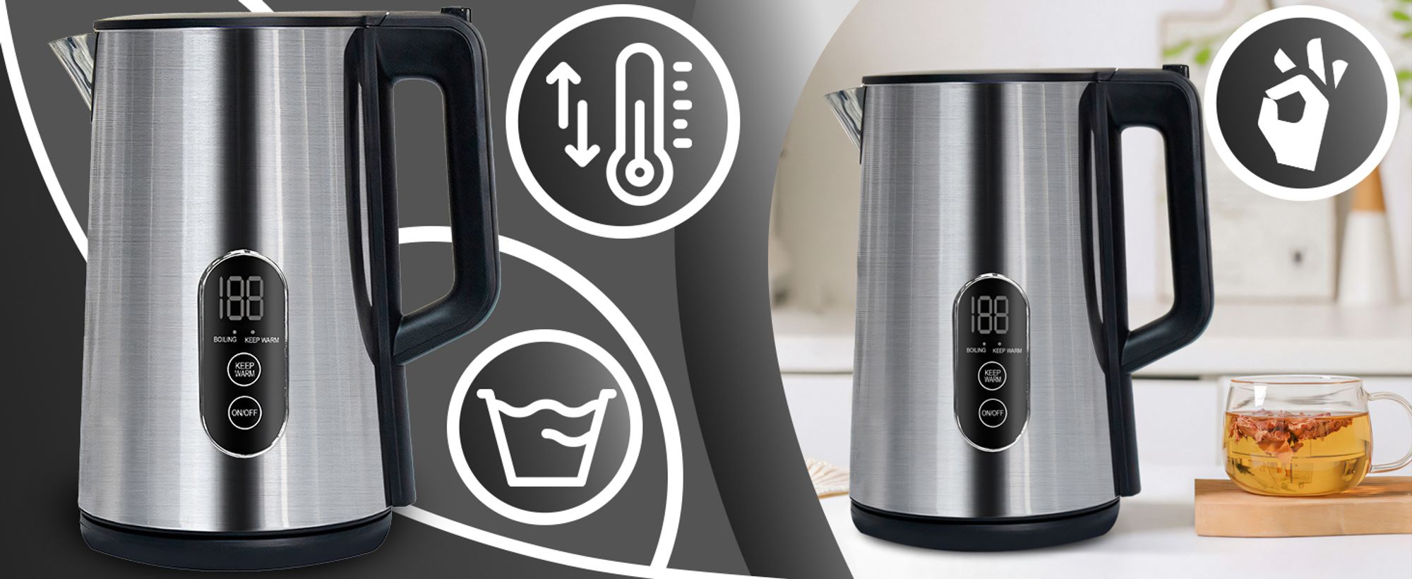 Wasserkocher 1.8L mit Temperatureinstellun 1500W bis 1800W Teekocher, LED Touchpanel, Warmhaltefunktion, BPA-frei, Abschaltautomatik, Edelstahl Retoo