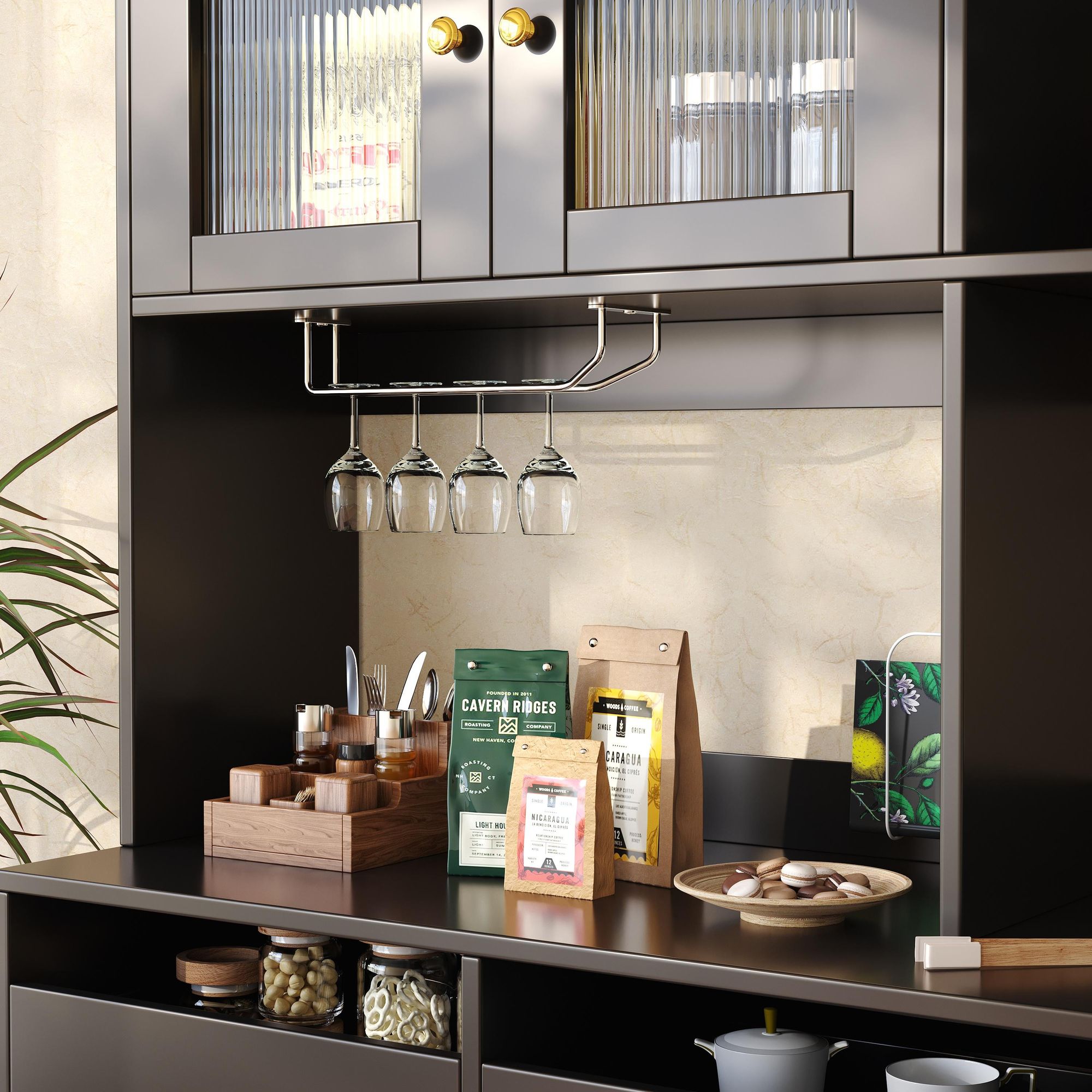 Flieks Küche Hochschränke Küchenbuffet mit Glastür, Küchenschränke Buffet mit Weingestell, Buffetschrank Highboard mit Offenen Staufächern, Schwarz