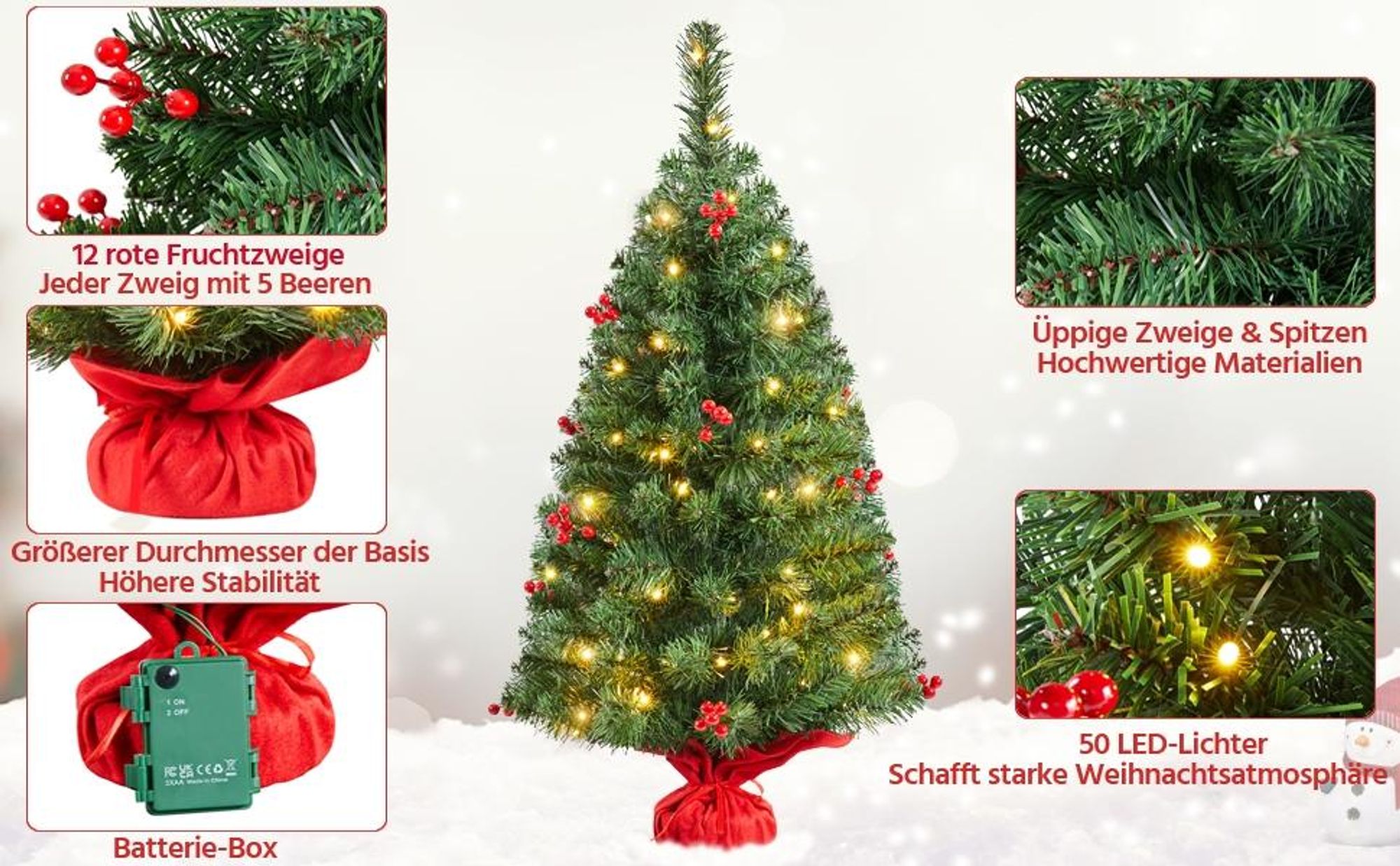 Yaheetech 90cm Mini Künstlicher Weihnachtsbaum mit 50 Warmweiß LED Beleuchtung & 60 Roten Beeren Kleiner Christbaum Tisch Tannenbaum für Weihnachtsdeko, Grün