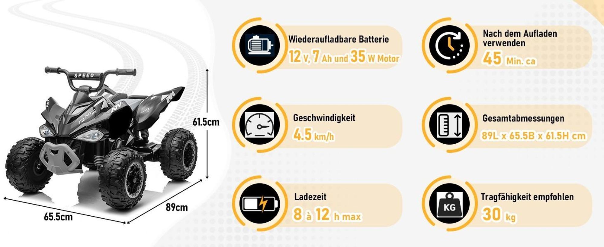 FCH Kinder Quad Elektro 12V 7Ah ATV, Musik, MP3, LED-Scheinwerfer Elektro-Quad für Kinder 3-6 Jahre Schwarz