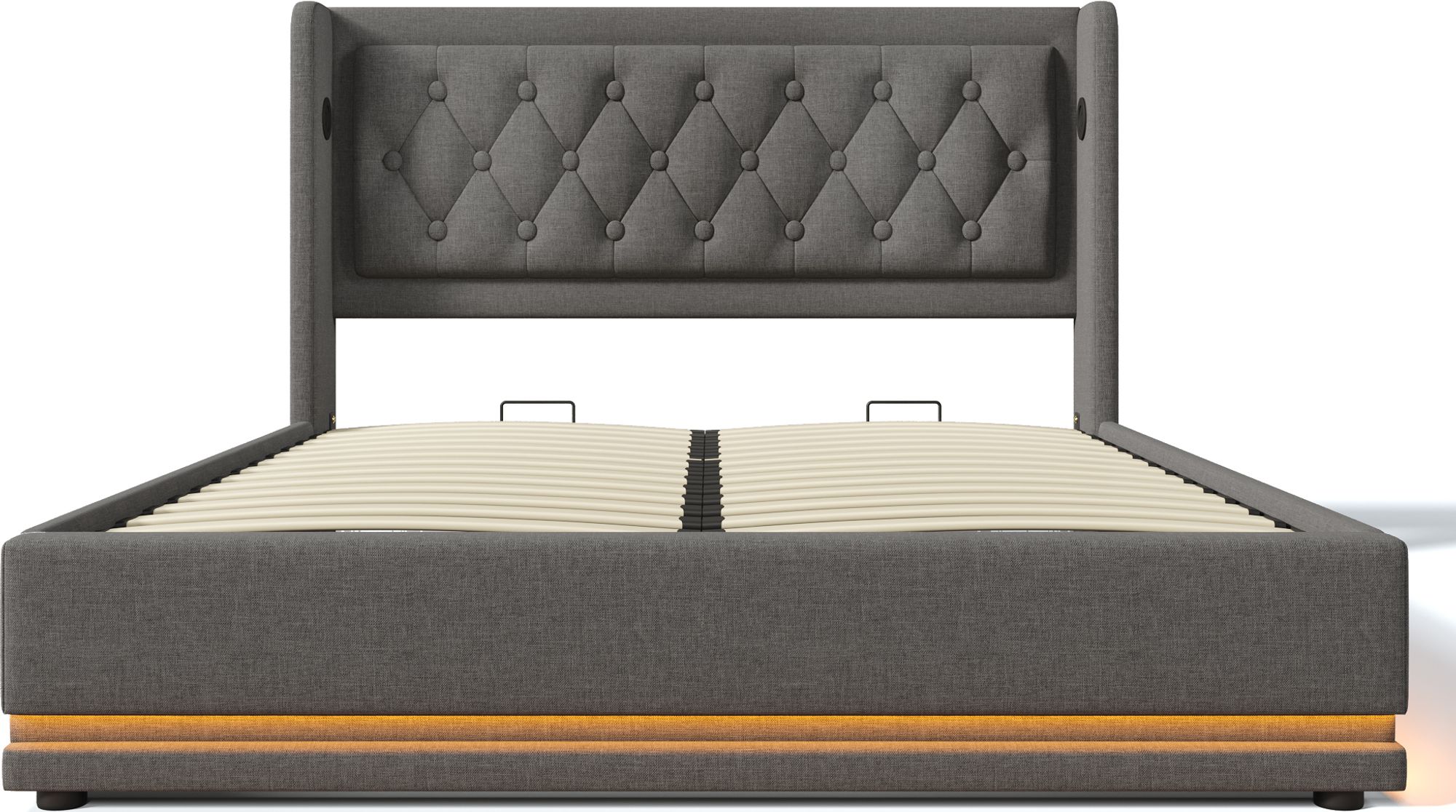 Flieks Polsterbett 160x200cm mit USB & Typ-C, Doppelbett Jugendbett mit LED, Hydraulisches Stauraumbett Boxspringbett mit Lattenrost, Baumwolle, Grau