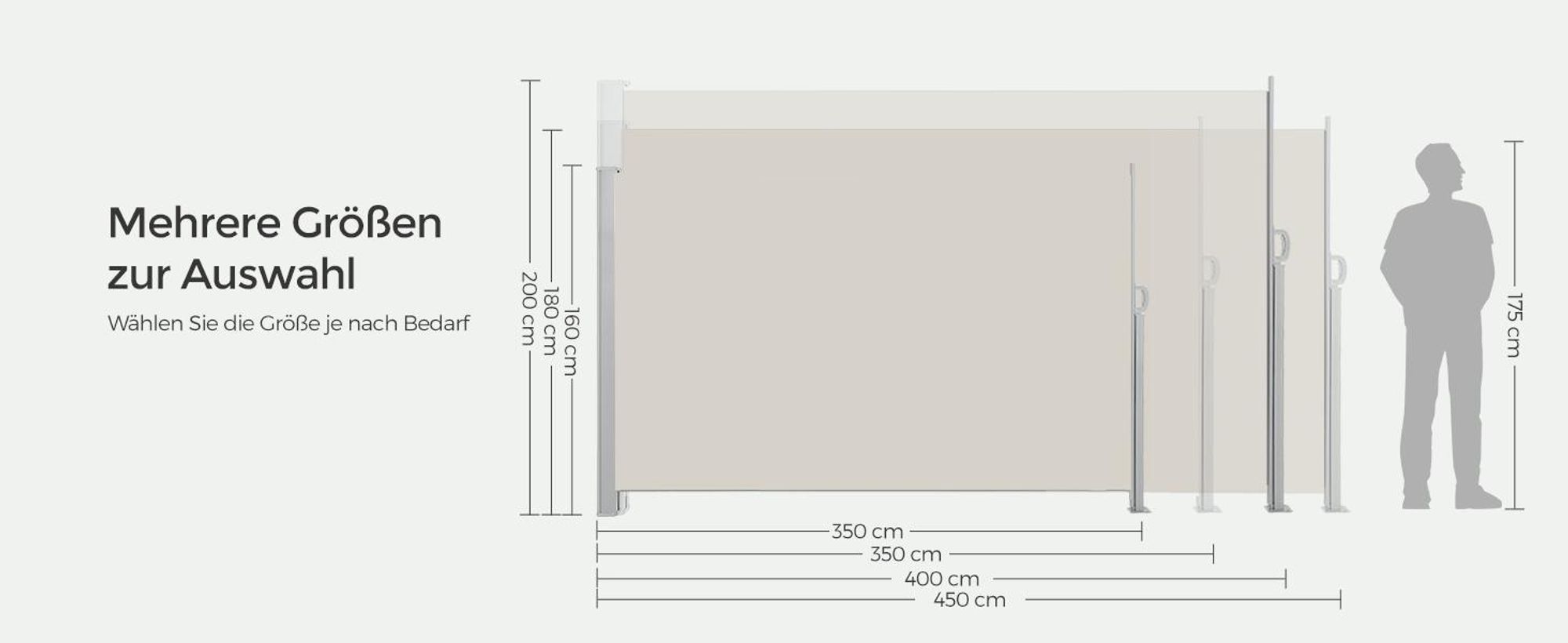 SONGMICS Seitenmarkise, Sichtschutz, ausziehbar, 200 x 300 cm, aus 220 g/m² Polyester, Sonnenschutz, blickdicht, Seitenrollo, für Balkon, Terrasse, Garten, beige GSA200K02