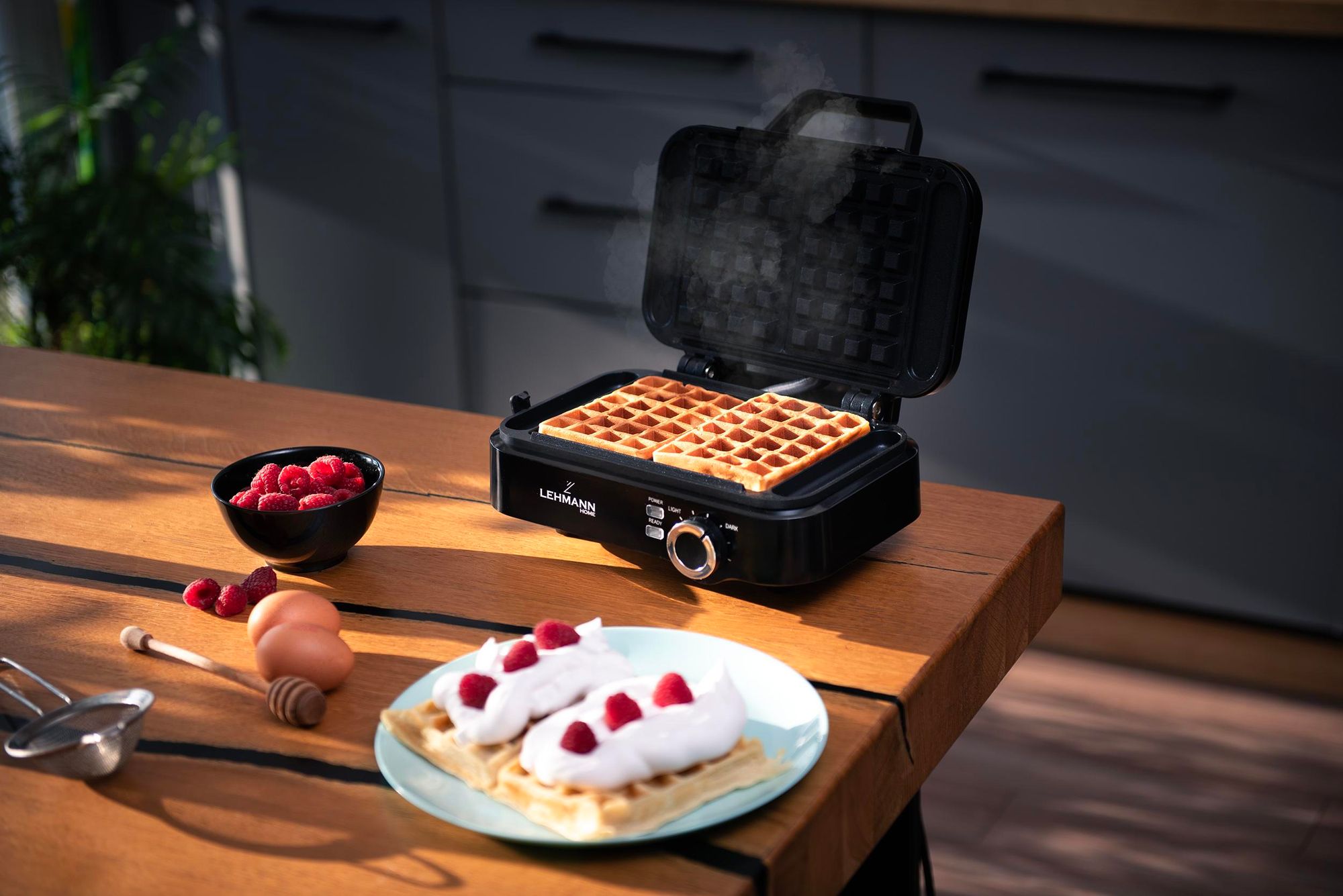 LEHMANN Piastra per Waffle Doppia, Rivestimento Antiaderente, Pulizia Rapida e Facile, Waffle in 3 Minuti, 1200W
