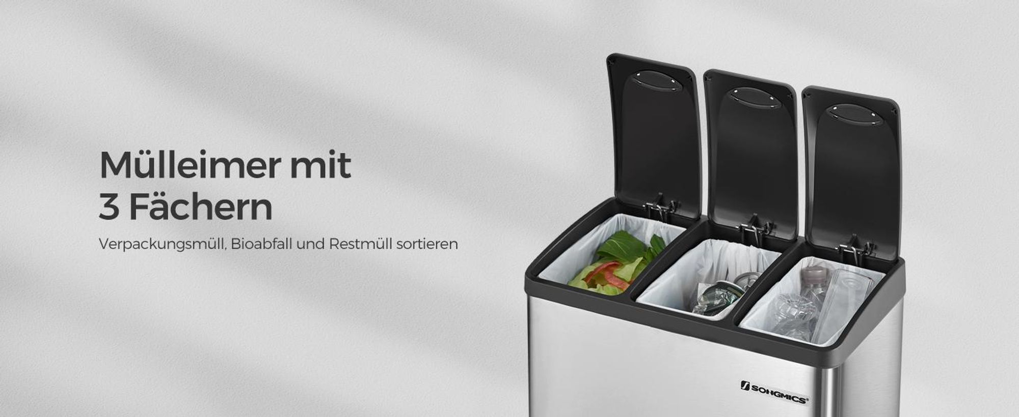 SONGMICS Mülleimer 24L Edelstahl Abfalleimer Inneneimer 3 x 8L Treteimer