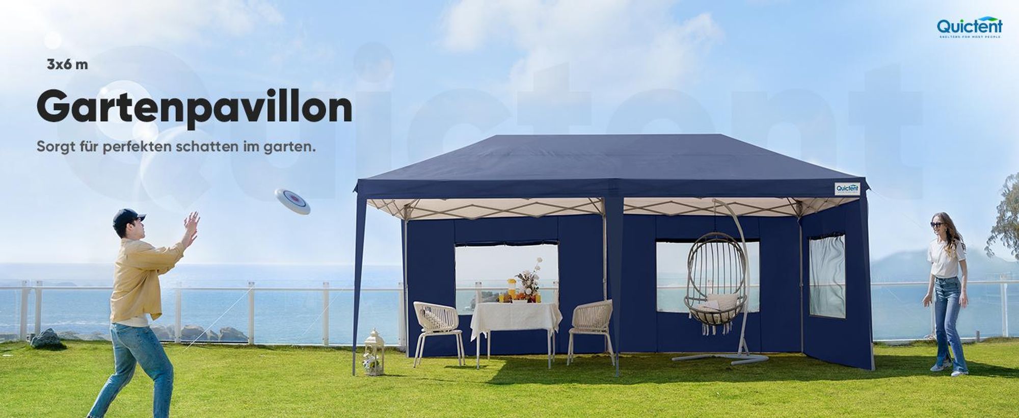 Quictent Faltpavillon 3x6m mit 6 Seitenteilen, Gartenpavillon mit Doppeln Entlüftung, Wasserdicht Stabil Pavillon mit 4 Sandsäcke & Rollentasche Blau