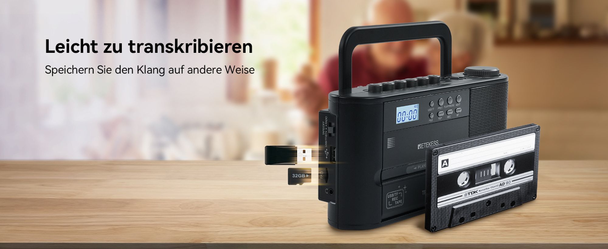 Retekess TR641 Cassette Player,Tape Player Recorder,FM AM Radio, USB/TF -Karte,Drahtlose Verbindung,Batteriebetrieb oder Wechselstromstromversorgung
