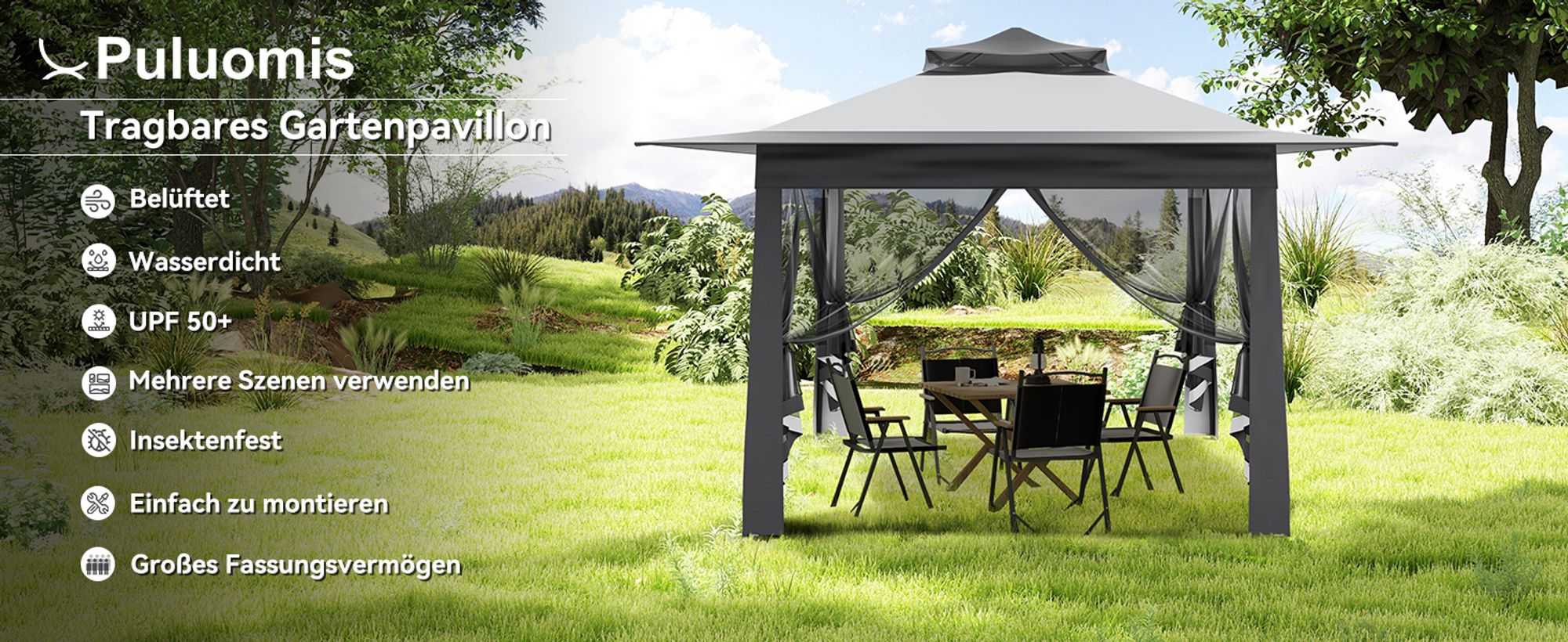 Puluomis Faltpavillon Gartenpavillon Pop Up 3,65 x 3,65m Pavillon Faltbar Pavillons & Partyzelte Wasserdicht Gartenzelt, UV-Schutz 50+