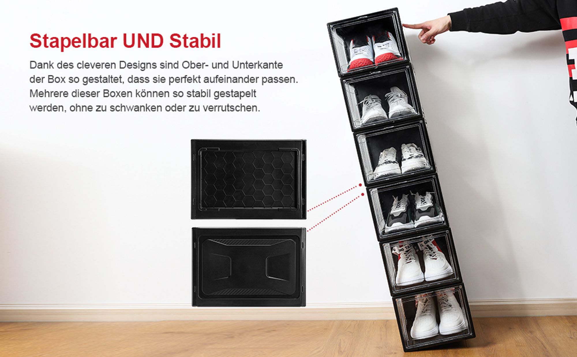Yorbay Schuhbox, 3er Set, stapelbarer Schuhorganizer, Kunststoffbox mit durchsichtiger Tür, Schuhaufbewahrung, 37 x25,5 x 20 cm, für Schuhe bis Größe 48, Super transparent schwarz
