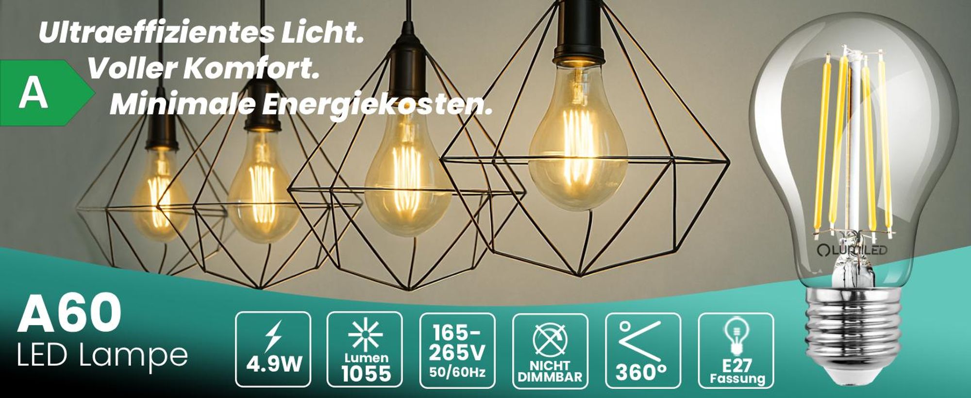 LUMILED 6er Set LED Lampe ultraeffizient A60 E27 4,9W 1055lm 2700K Filament Klar Glas 360° Ersatz für 75W Nicht Dimmbar Warmweiß für Wohnzimmer Schlafzimmer Büro Tropfenform