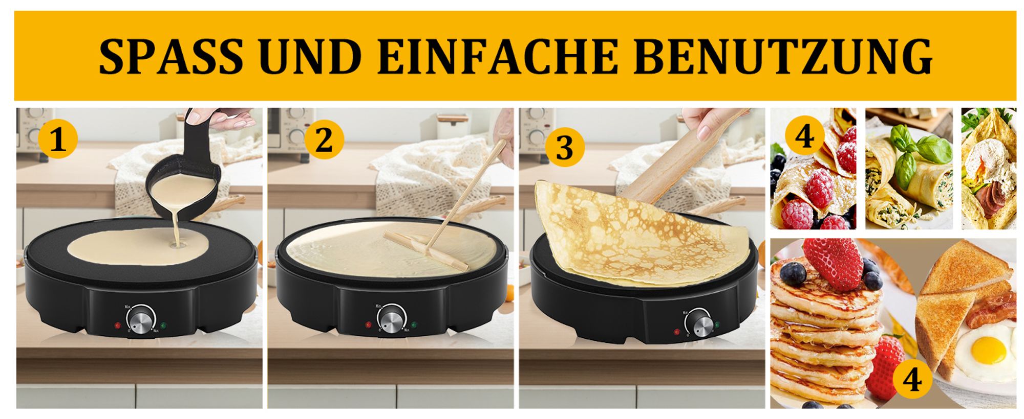 HOMELUX Crêpes Maker für Crepes mit Ø 30 cm, 1200 W Crêpes-Maker inkl. Teigverteiler & Crêpes-Wender, Antihaftbeschichtung, Temperaturregler