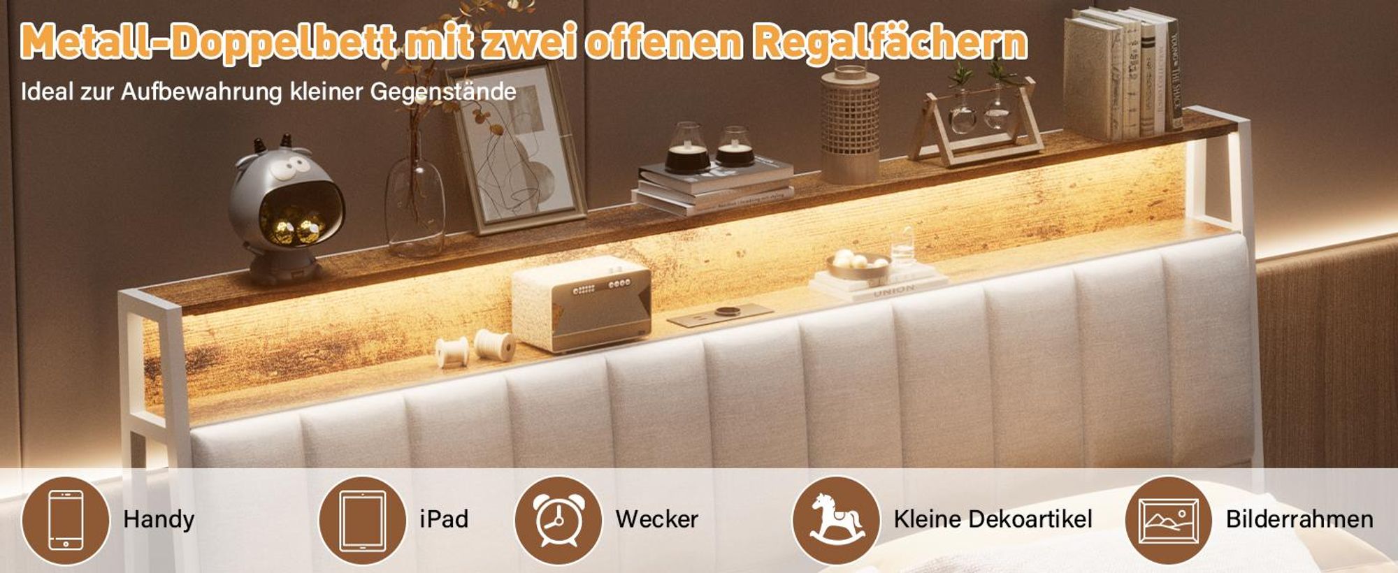 DEWINNER Bettrahmen, 140 x 200, mit Metallgestell, 2-Personen-Bett, mit LED-Beleuchtung und Mehrfachsteckdosen (1 Steckdose, 2 USB-Anschlüsse)