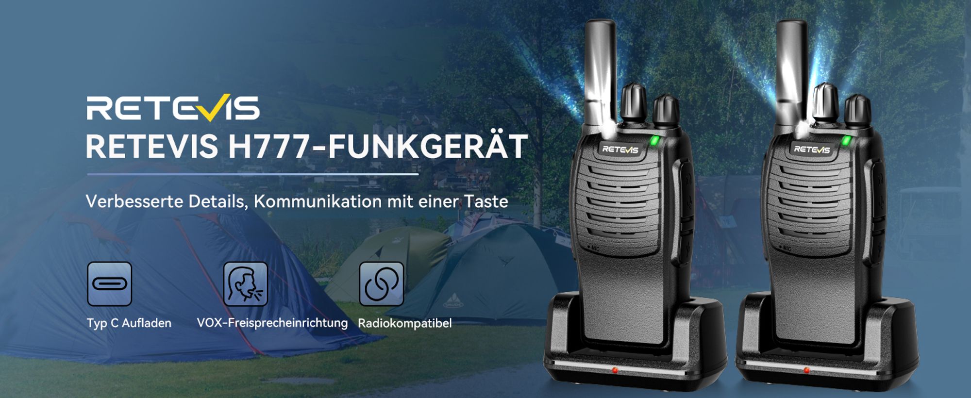 Retevis H777 Walkie Talkie, Funkgeräte Set PMR, mit Ladestation, Typ-C, Energiesparmodus, VOX, Ein tasten paarung, Geräuschunterdrückung, für Camping