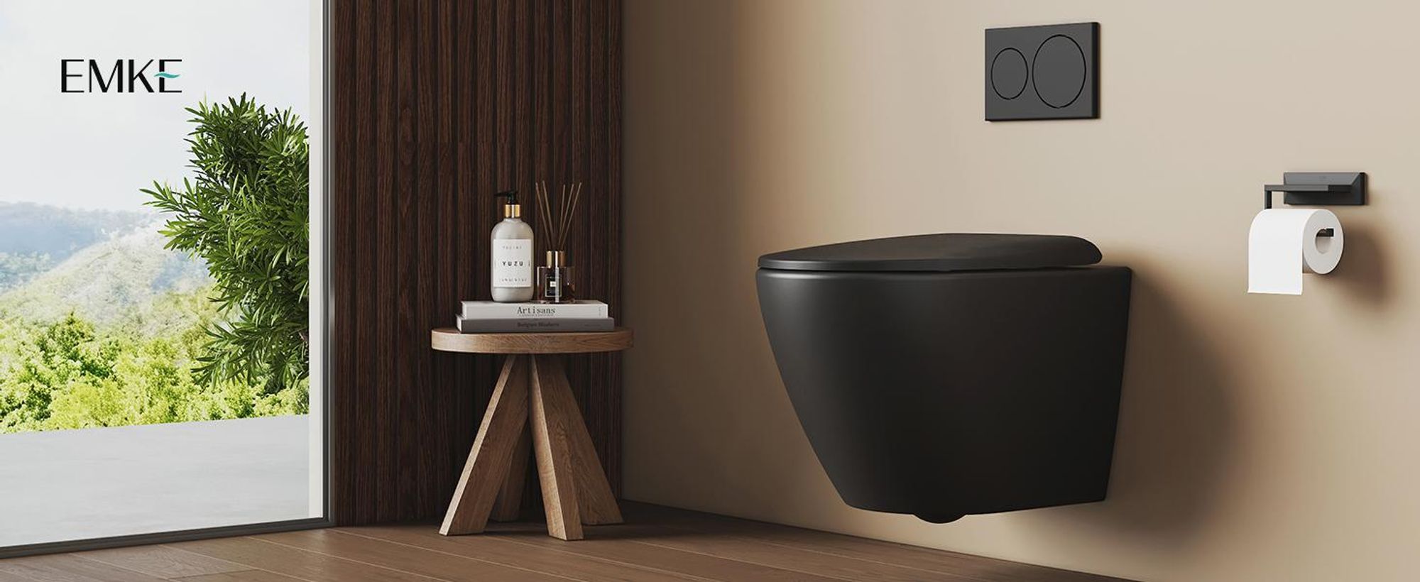 EMKE Hänge-WC spülrandlos Keramik Wassersparend Wandmontage Toilette mit Direktspülung Doppel-Loch-Gegenspülung Soft-Close Deckel Mattschwarz