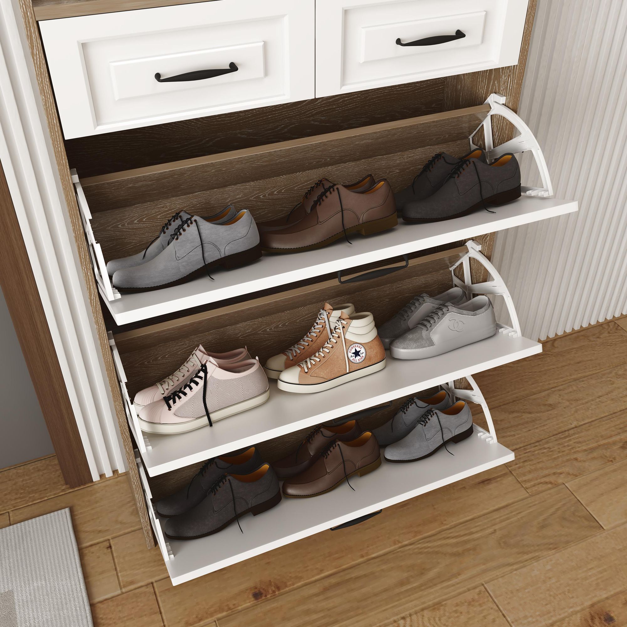 Merax Schuhschrank mit 3 Klappen, 2 Schubladen, Schuhkipper Schuhkommode mit schubladen, Schuhablage, Schuhregal, 80×23.5×131 cm, Weiß+Natur