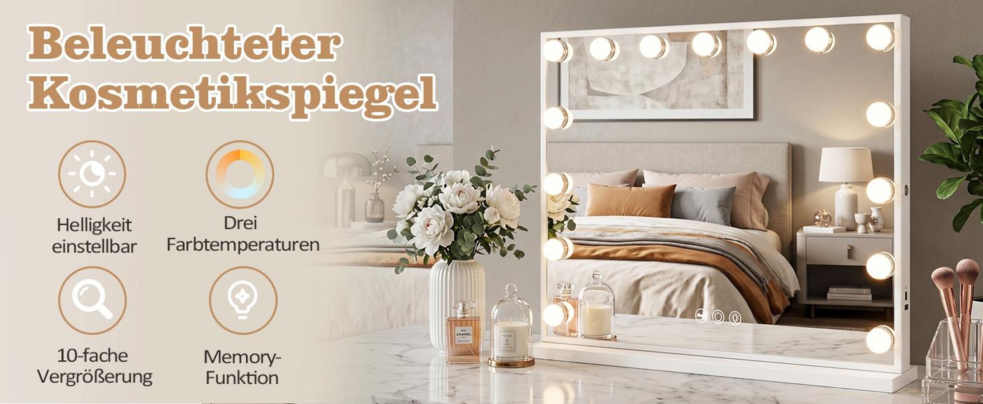 VANITII Hollywood Schminkspiegel 58cm x 46cm mit Beleuchtung 15 Dimmer Leuchten 3 Lichtmodus Kosmetikspiegel für Badzimmer Schminktisch Weiß