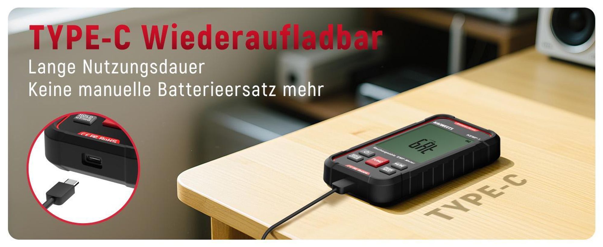 Misuratore EMF KAIWEETS 3 in 1, rilevatore di radiazioni EF/MF/RF, display LCD, batteria ricaricabile Type-C
