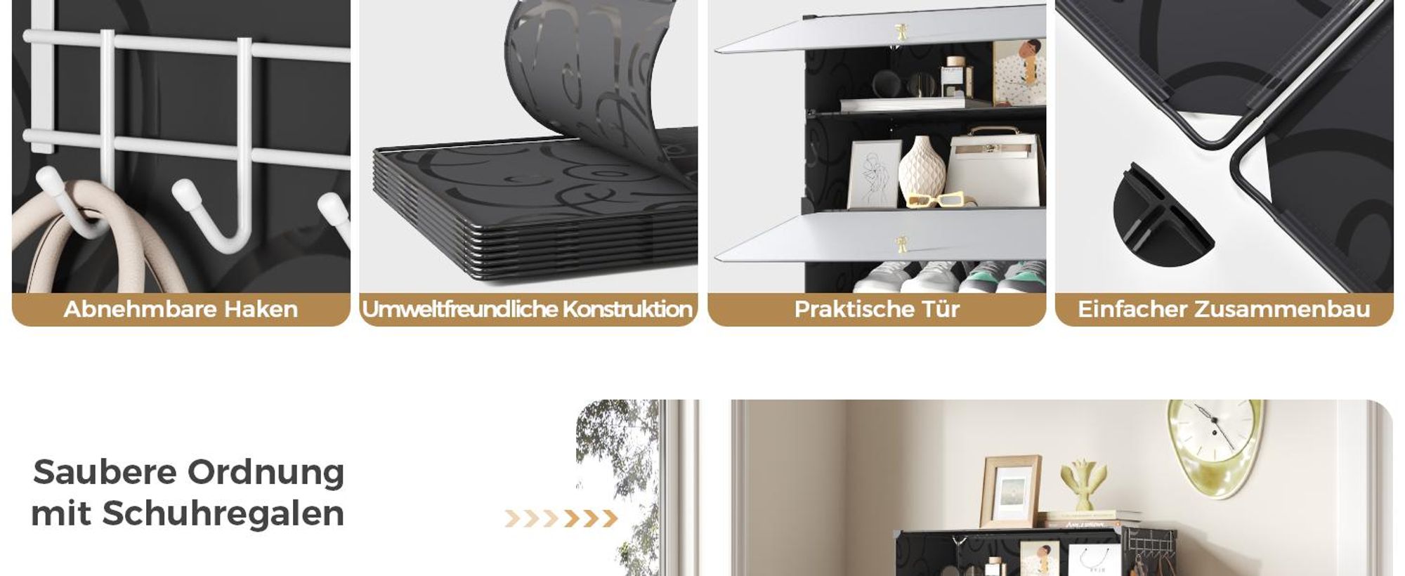Mondeer Aufbewahrungsschrank aus PP, 8 Fächer Schuhschrank mit Haken für 24 Paar Schuhe, höhenverstellbar, für Flur & Wohnzimmer Schwarz