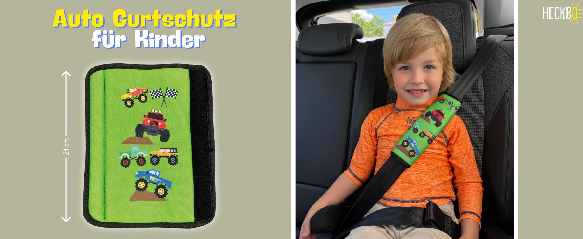 2x HECKBO Kinder Auto Gurtpolster Gurtschutz mit Monster Truck Motiv - Sicherheitsgurt Polster für Kinder und Babys- Ideal für jeden Gurt Autositzerhöhungen Kinder Fahrradanhänger Flugzeug Jungen
