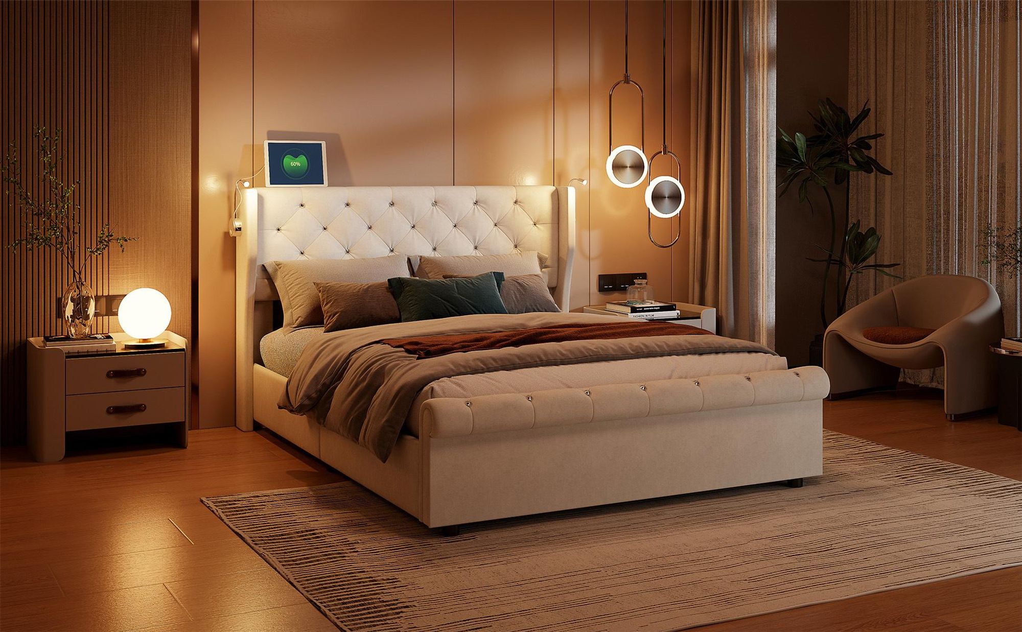 INONEFT Boxspringbett 160×200 mit Leselampe &USB ,Polsterbett mit Stauraum,Hydraulisches Doppelbett, Samt, Beige.