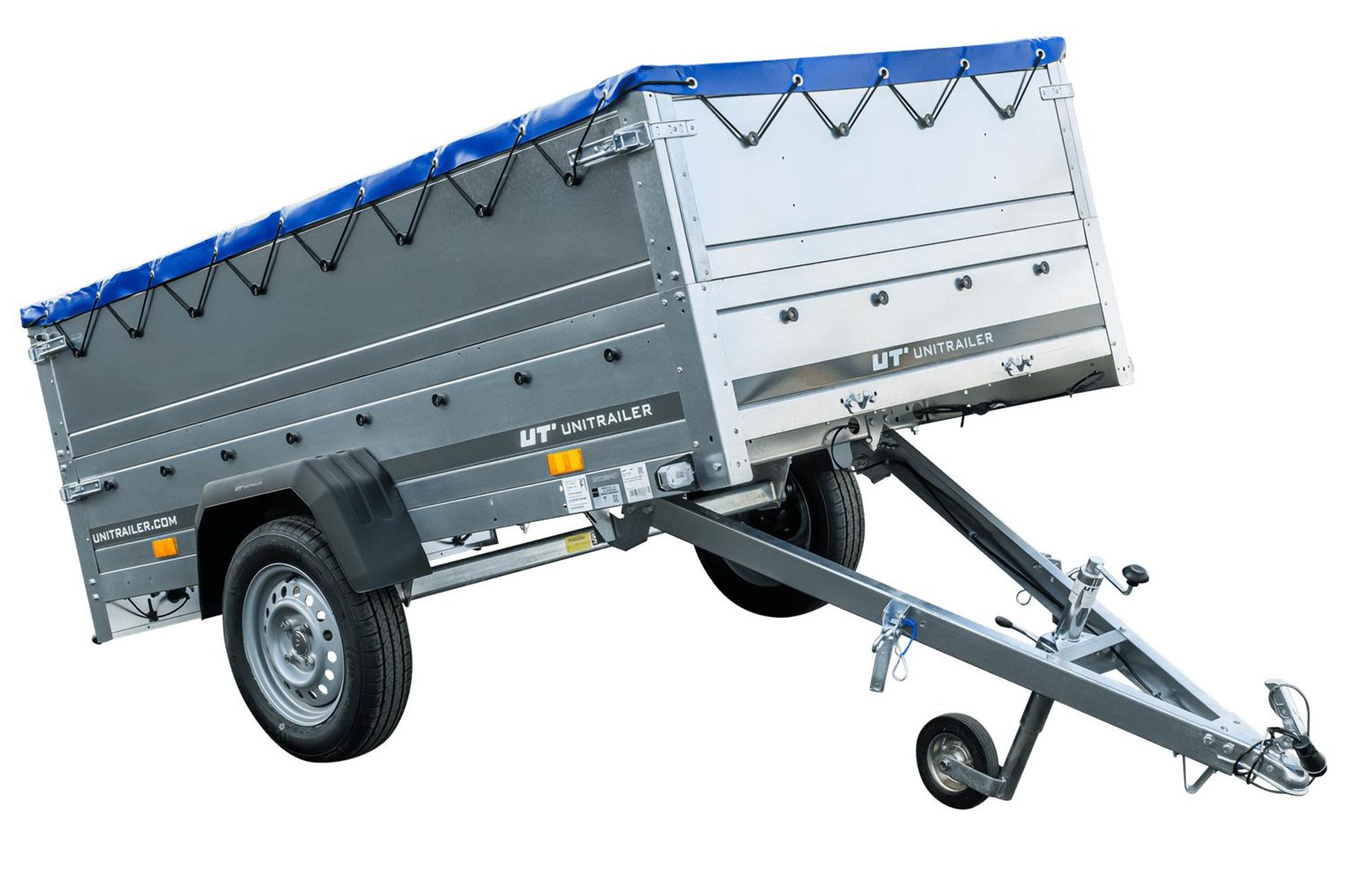 Anhänger mit faltbarer Deichsel GARDEN TRAILER 230 KIPP mit zusätzlichen Bordwänden, Stützrad und blauer Flachplane