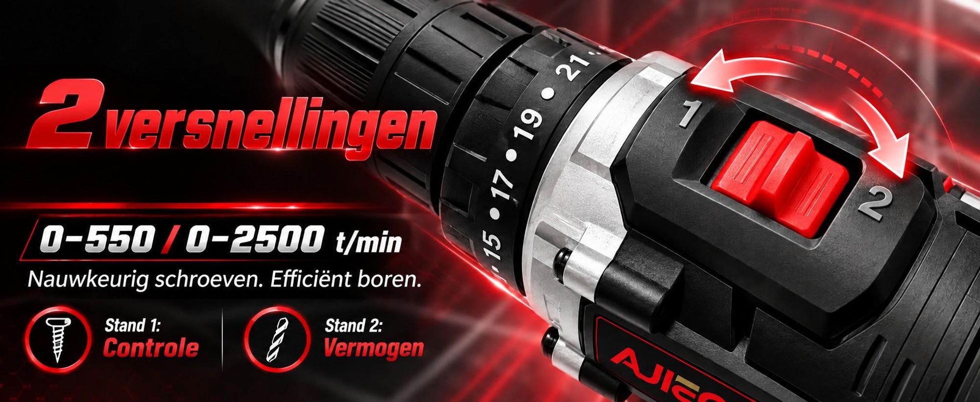 AJIEQAQ Accuboormachine 21V Set, 3-in-1 Accu-klopboormachine met 2×2,0Ah Accu's, 45 Nm, LED-werklamp, Accessoires & Koffer