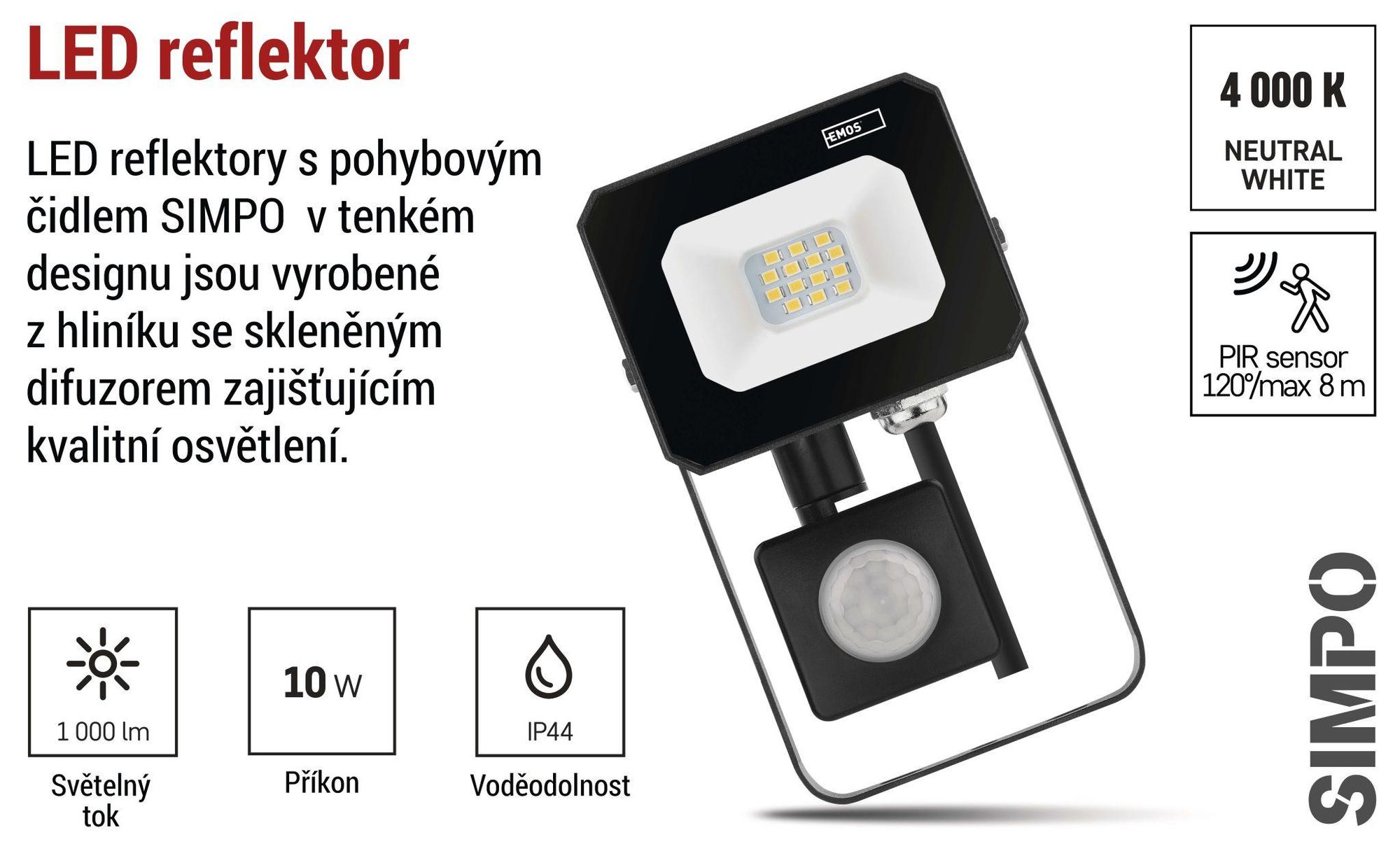 EMOS LED reflektor SIMPO s pohybovým čidlem, 10 W, černý, neutrální bílá, ZS2313
