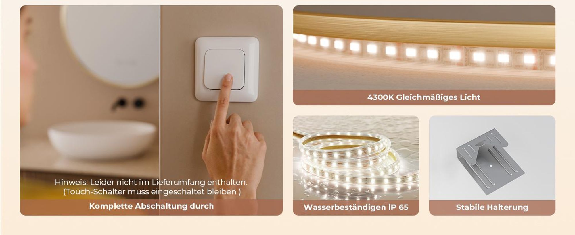 S'AFIELINA Badspiegel mit Beleuchtung Rund 60 cm Diameter, LED Badspiegel mit Touch, Beschlagfrei, Dimmbar, Uhr, Temperatur, Speicherfunktion,Gold