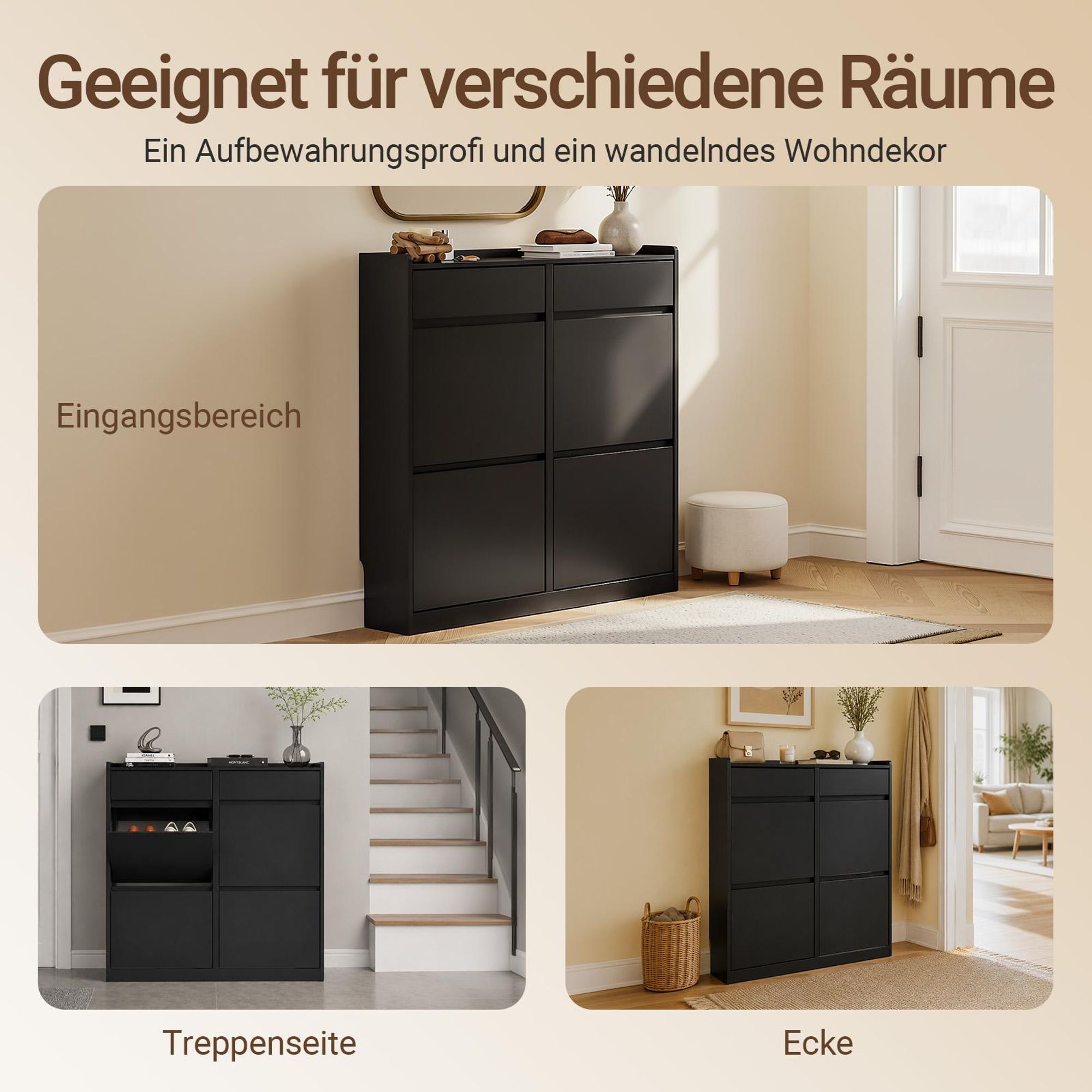 SoBuy Schuhschrank mit Klapptüren und Schubladen, moderner Schuhschrank für Diele, schwarz Rechteckiger Korpus FSR169-SCH
