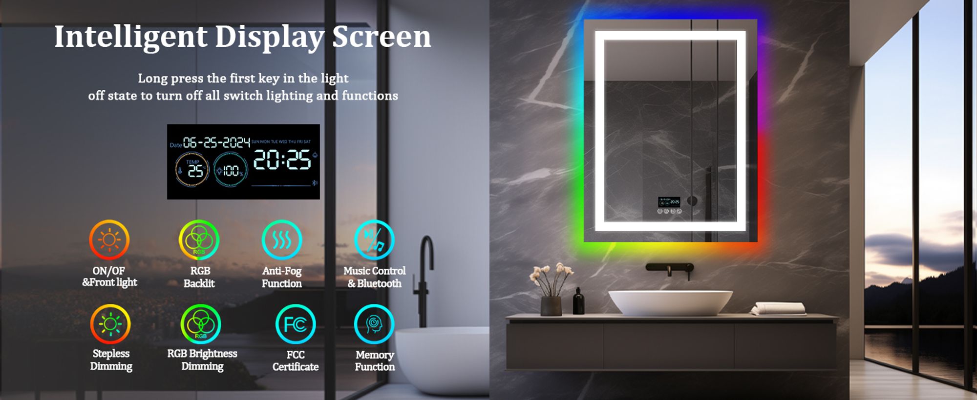 WISFOR LED Badspiegel mit Bluetooth Lautsprecher, 70×90cm RGB Wandspiegel Badezimmerspiegel mit Beleuchtung dimmbar Beschlagfrei Touchschalter