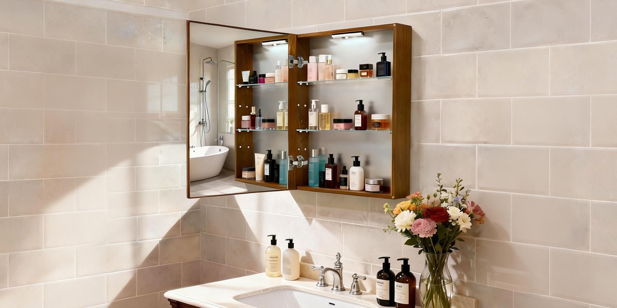 WISFOR Spiegelschrank Bad 40,5 x 51 cm, kleiner Badezimmerschrank mit Spiegel, LED-Innenlicht, Soft-Close-Scharniere, verstellbare Ablagen