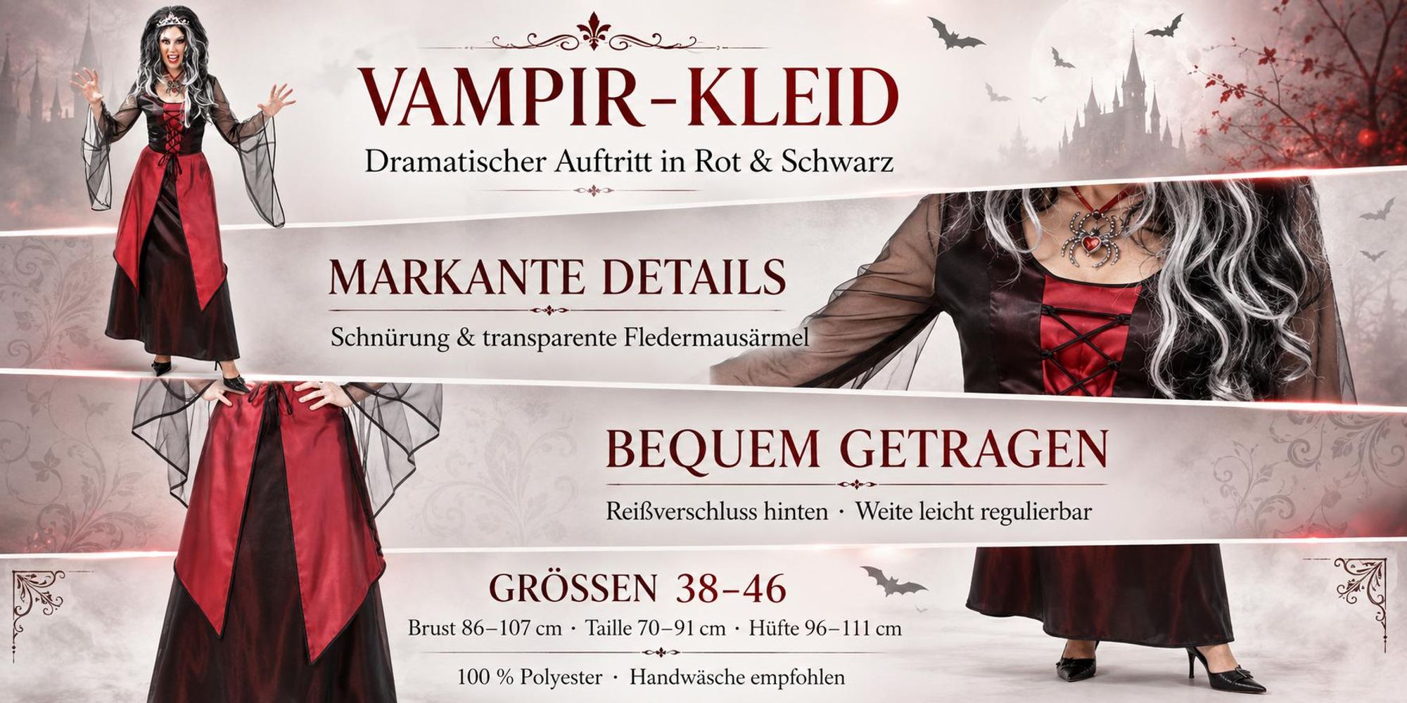 Damenkostüm Vampirkostüm Rot-​Schwarz – langes Vampirkleid mit Fledermausärmeln (38)