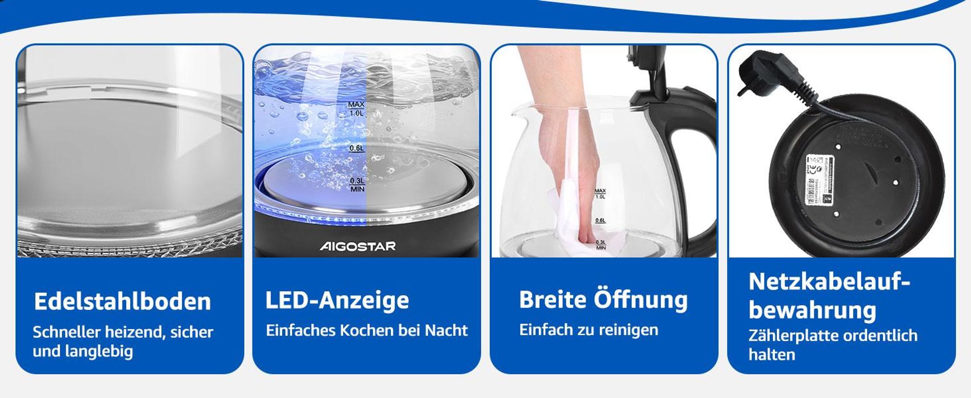 Aigostar - Kleiner wasserkocher glas mit led-beleuchtung, 1 Liter, 2200W