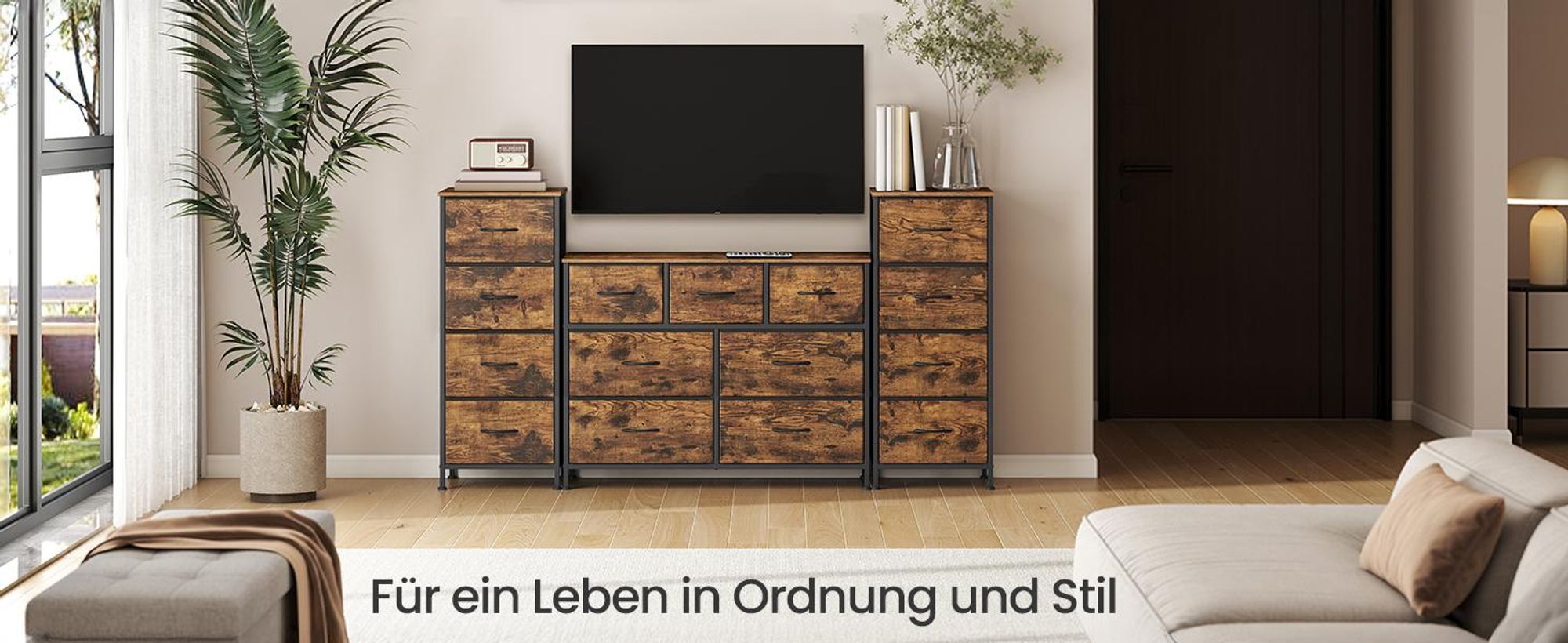 SONGMICS Kommode, Schrank, 4 Stoffschubladen, Aufbewahrungsschrank, Stahl