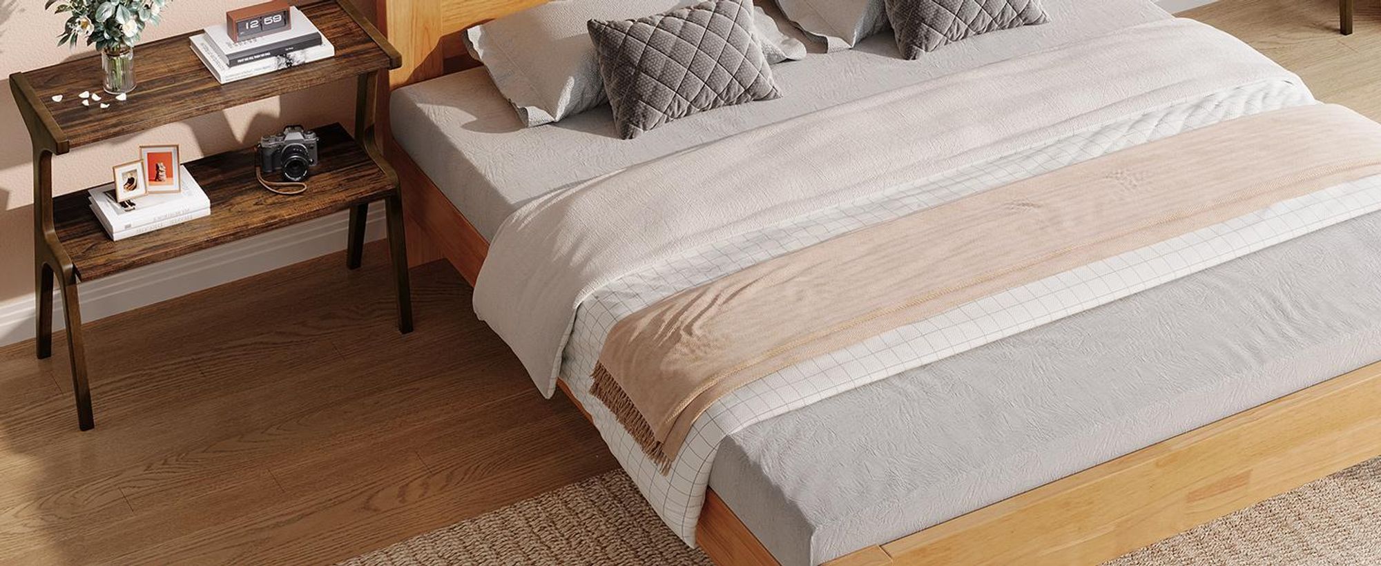 Beistelltisch aus Massivholz, 2-stöckiger Beistelltisch mit Ablagefach, moderner, Sofa, Wohnzimmer, Schlafzimmer,einfache Montage, rustikales Braun