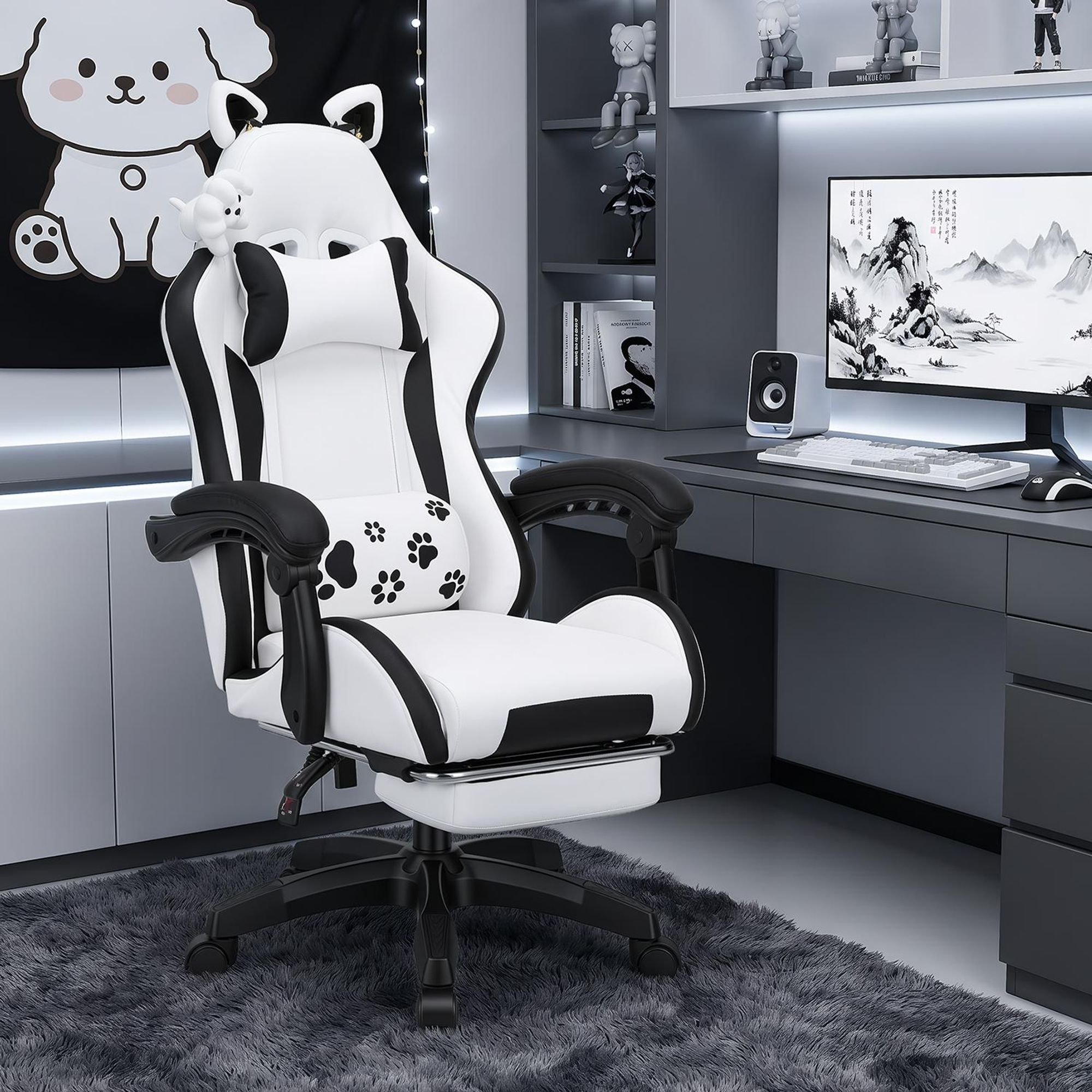 Gaming Stuhl mit Lendenwirbelstütze und Fußstütze 150kg, Bürostuhl Ergonomisch Schreibtischstuhl Racing Stuhl Computerstuhl Höhenverstellbar