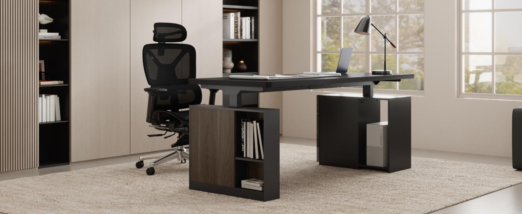 FLEXISPOT  Höhenverstellbarer Schreibtisch 160x80cm mit 2 Schränke, 2 Motoren, 25MM EINTEILIGE TISCHPLATTE, 120 kg Tragkraft, Kabelmanagement, Schwarz