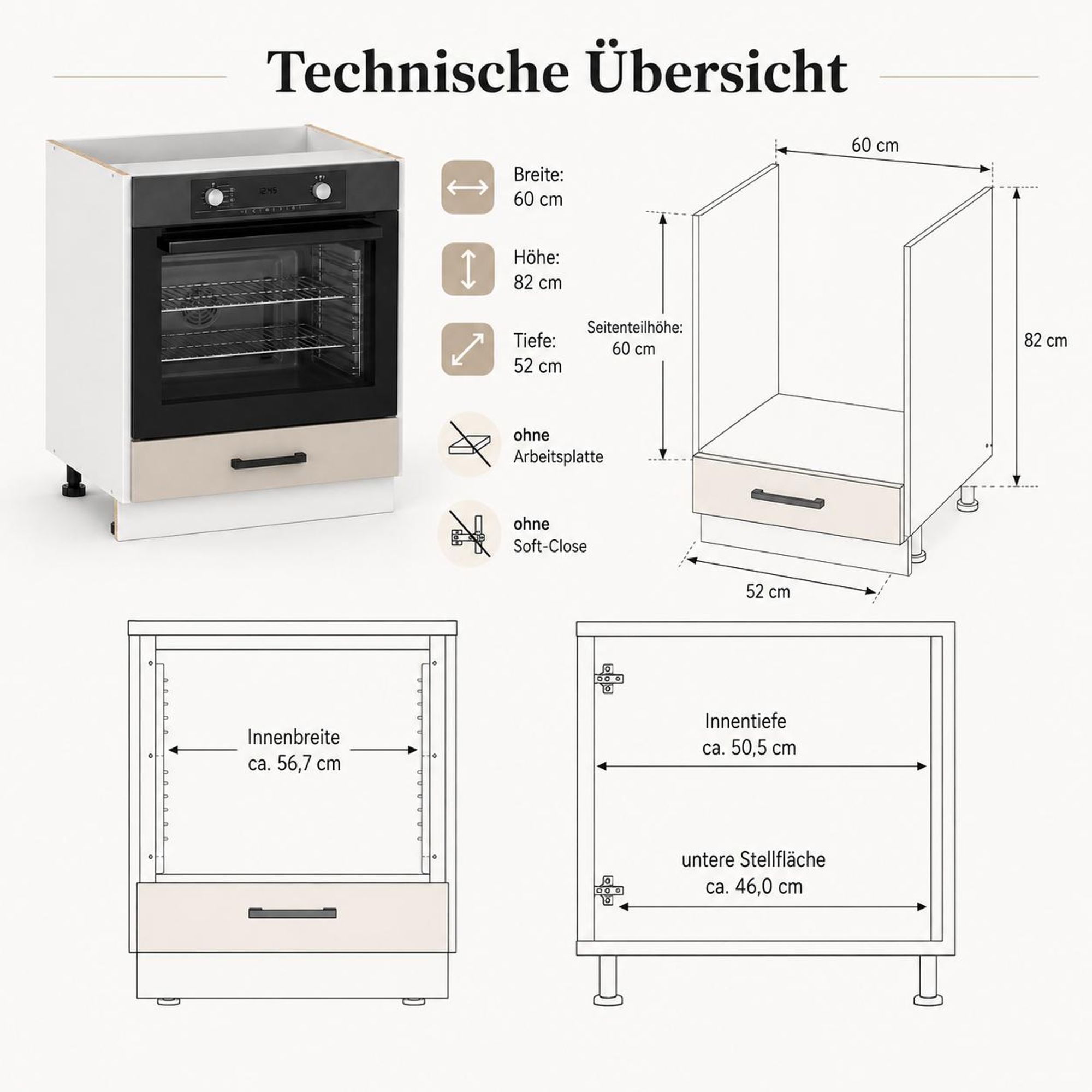 Herd-Unterschrank 60 cm Kaschmir Beige: Lieferumfang und wichtige Hinweise.