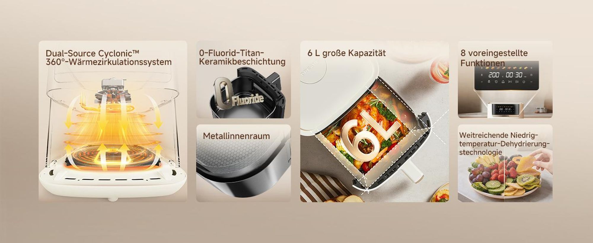 Dreame KrispNow™ AF20,6L Heißluftfritteuse,Metal-Innenraum,0-Fluorid Titanium-Keramik,Dual-Source 360° Hitze,8 Programme&Dörrfunktion,Aprikosenfarbe