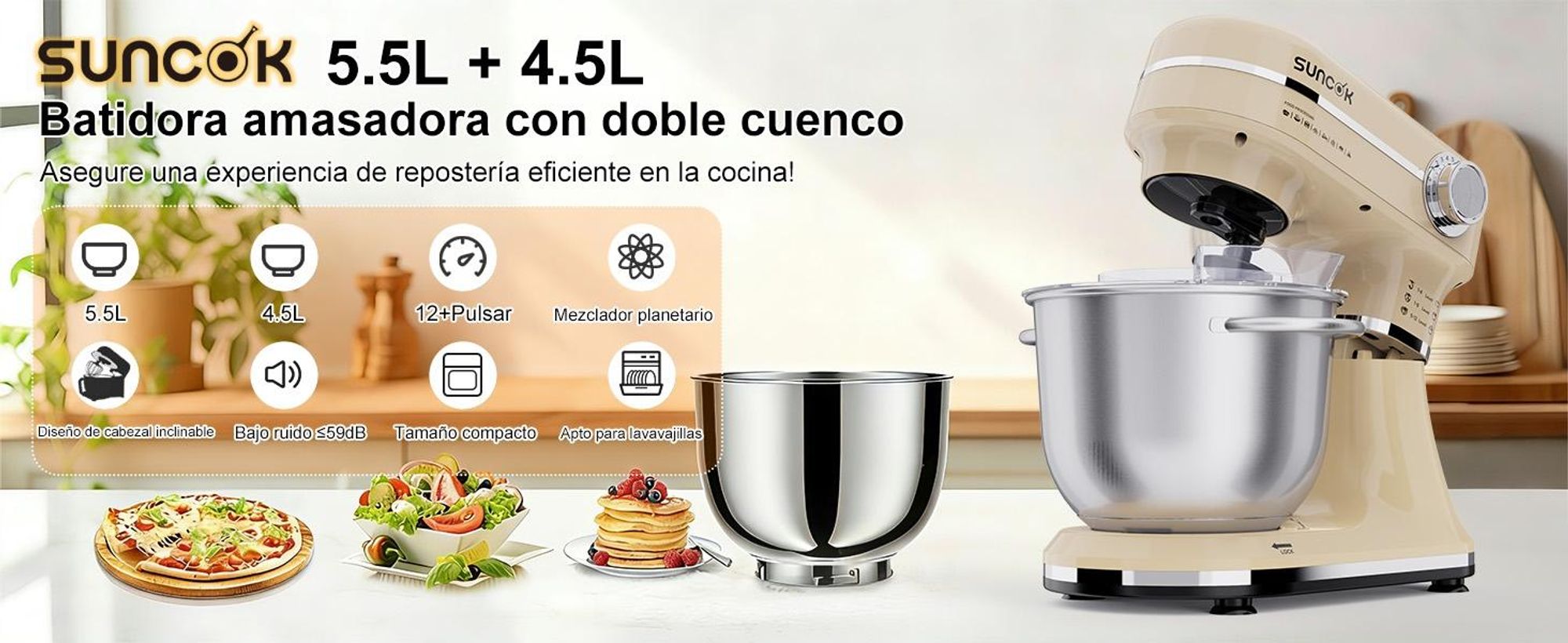 SUNCOK Batidora Amasadora 1500W, 2 cubetas de acero inoxidable (4,5L/5,5L), 12 velocidades+Pulse, movimiento planetario,accesorios para batir y amasar