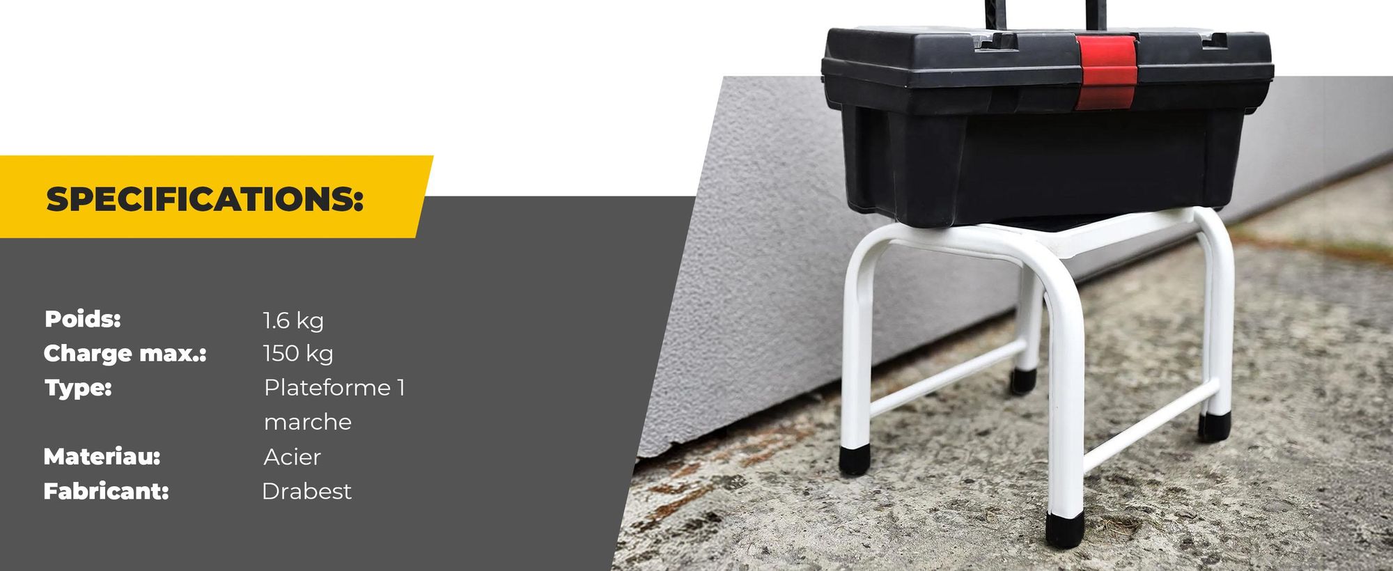Drabest | Tabouret en acier à 1 marche, stable et robuste, pieds antidérapants, capacité de charge de 150 kg, large surface d'appui, pour la maison, le bureau et les travaux de bricolage