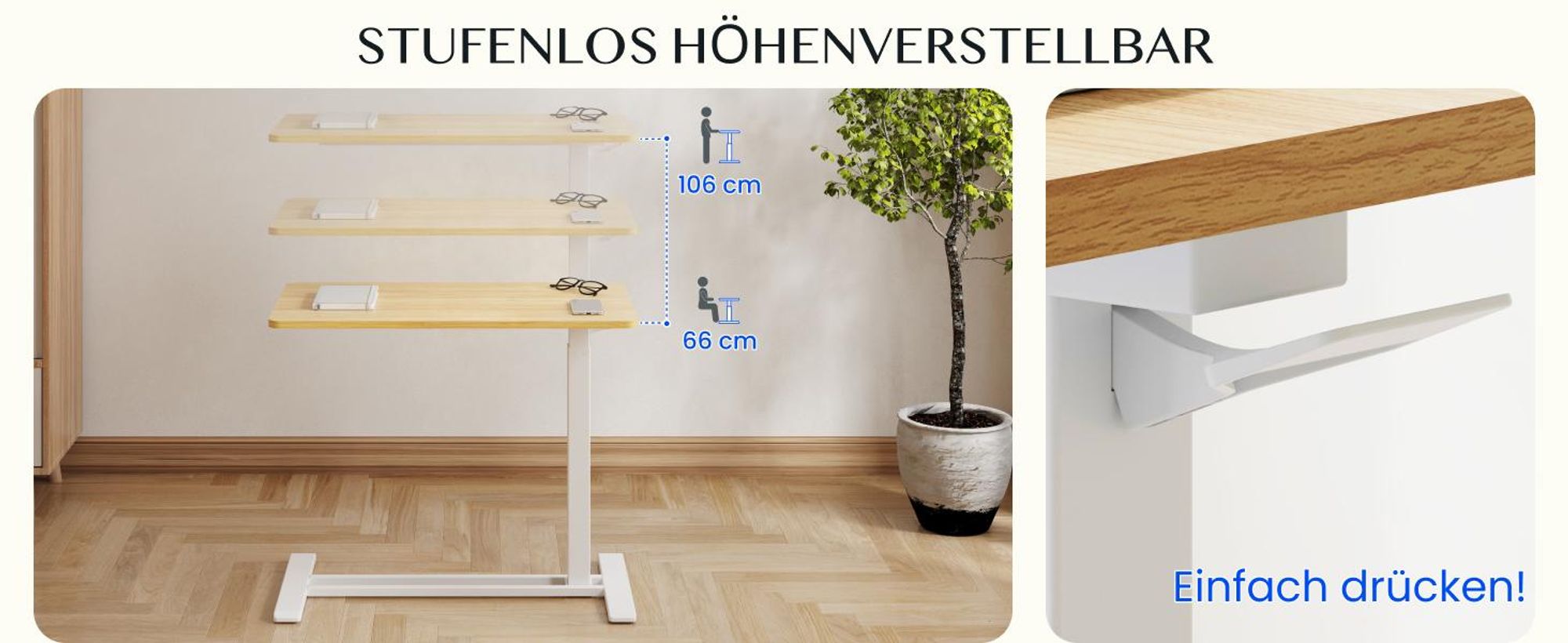 FLEXISPOT Schreibtisch, Beistelltisch Höhenverstellbar in C-Form, Laptoptisch mit Rollen, 66–106 cm, Nachttisch, für Bett und Sofa, Ahorn