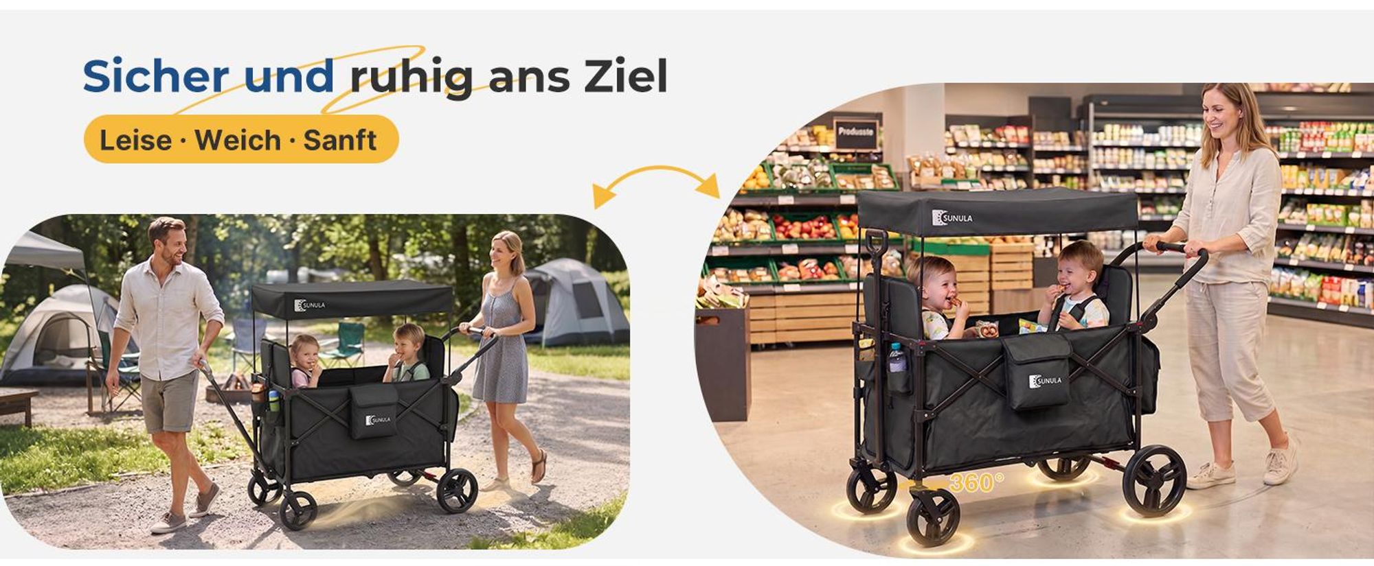 Sekey Faltbar Bollerwagen mit Dach, für 1 bis 2 Kinder, Schiebe- und Zieh Funktion, mit XXL-Rädern (25/20 cm) und 5-Punkt-Gurtsystem, Grau