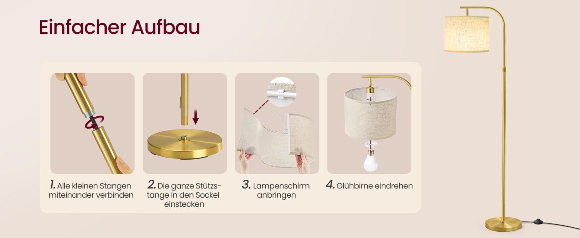 VASAGLE Stehlampe modern mit höhenverstellbarem Bogen, Leselampe mit Fußschalter, für Wohnzimmer, Stoffschirm, E27, gold