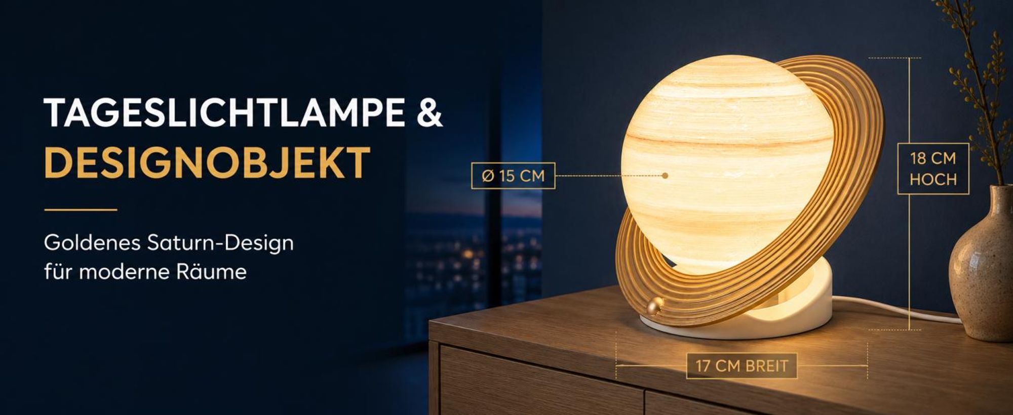 Tageslichtlampe 10000 Lux im Saturn-Design, UV-freie Vollspektrum-Lichttherapielampe, 3 Farbtemperaturen, stufenlos dimmbar, Timer, Fernbedienung,Gold